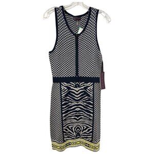 Hale Bob Sleeveless Front Zip Print Knit Dress Navy Gray